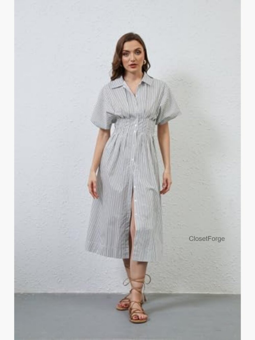 Striped Button Pleated Shirt Maxi Dress Summer Short Sleeve V-Neck Corset Long - Picture 3 of 7